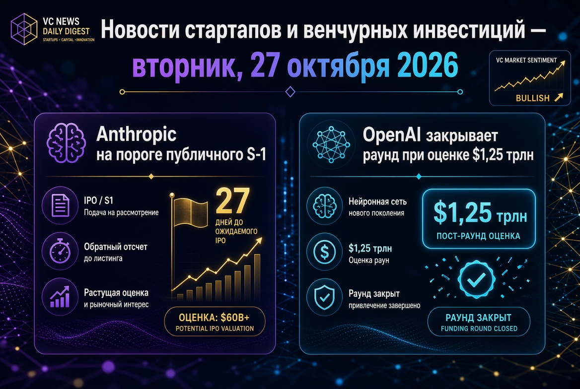 Noticias de startups y financiamiento de riesgo — Martes, 27 de octubre de 2026: Anthropic a las puertas del público S-1, OpenAI cierra ronda con valoración de $1.25 billones