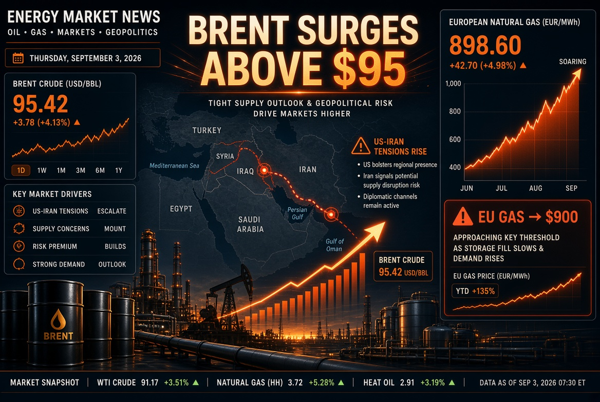 Noticias de petróleo y gas — jueves, 3 de septiembre de 2026: escalada EE. UU. e Irán eleva Brent por encima de $95, gas en Europa se encarece a $900