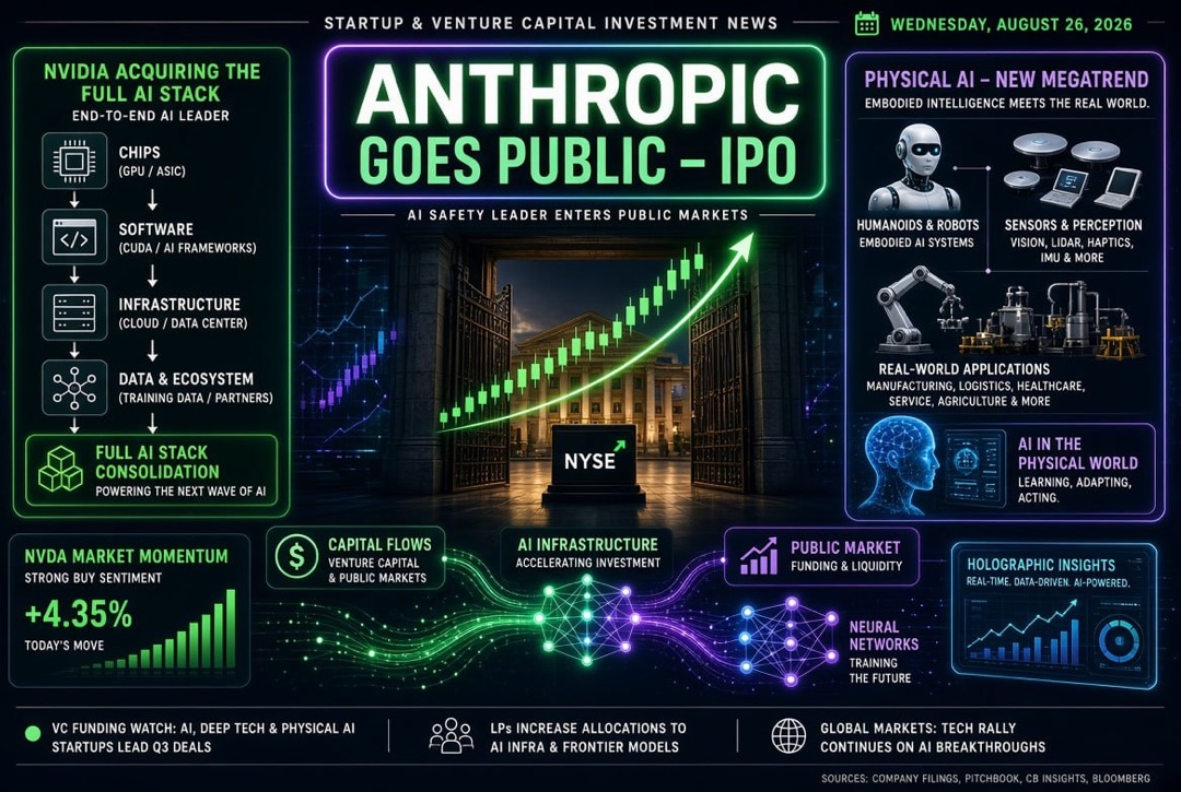 Noticias de startups e inversiones de riesgo — miércoles, 26 de agosto de 2026: Anthropic sale a IPO, Nvidia adquiere toda la pila de IA, y la IA física se convierte en una nueva mega-tendencia.