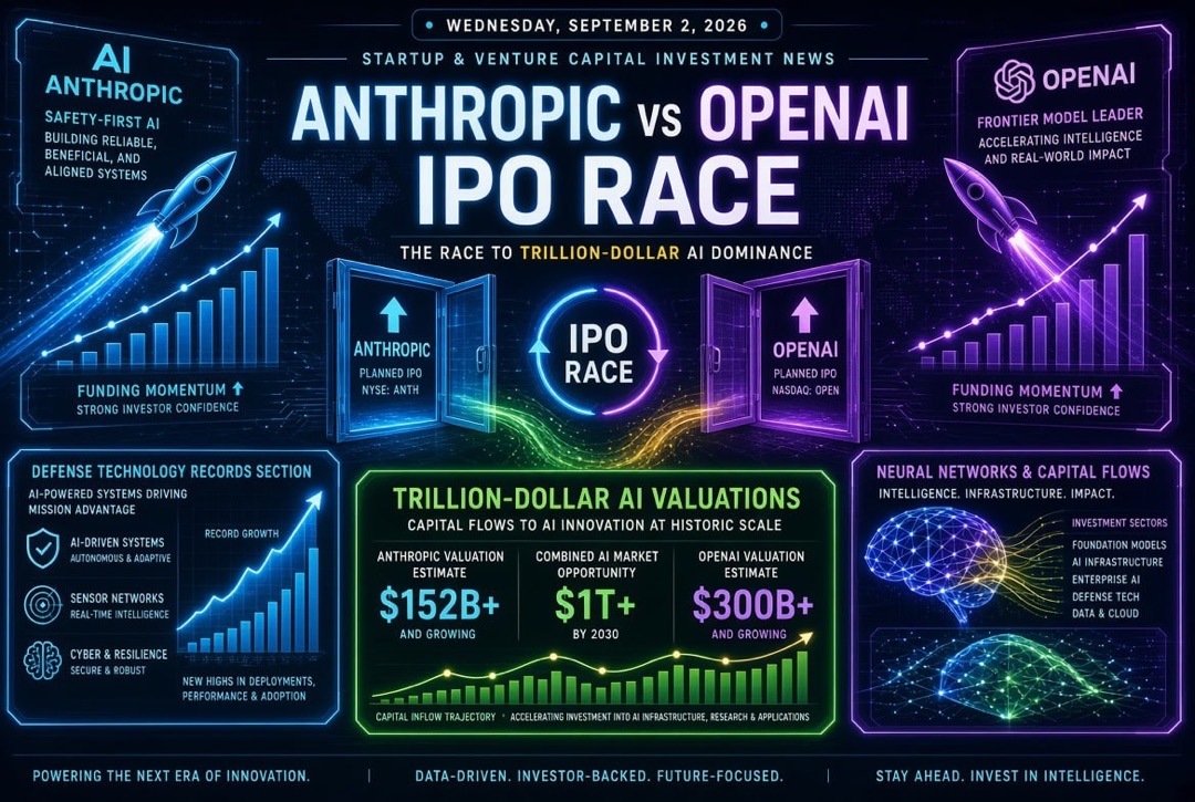 Novedades de startups e inversiones de riesgo — miércoles, 2 de septiembre de 2026: la carrera por la OPI de Anthropic y OpenAI, valuaciones de IA en billones y récords en tecnología de defensa.