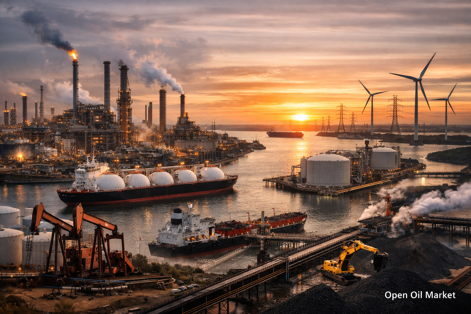 Refinería, terminal de GNL, petroleros y puerto de carbón al atardecer — mercado global de petróleo y energía 18 de febrero de 2026