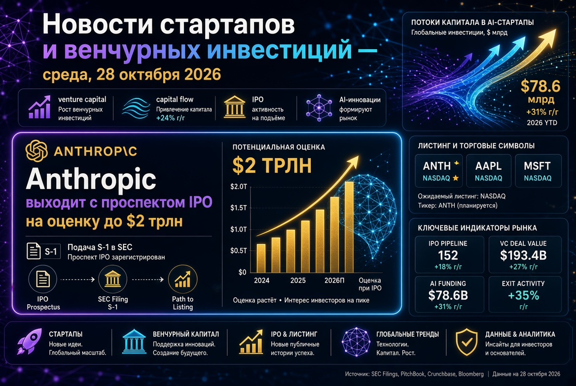 Noticias de startups e inversiones de riesgo — miércoles, 28 de octubre de 2026: Anthropic presenta el prospecto de IPO con una valoración de hasta $2 billones.