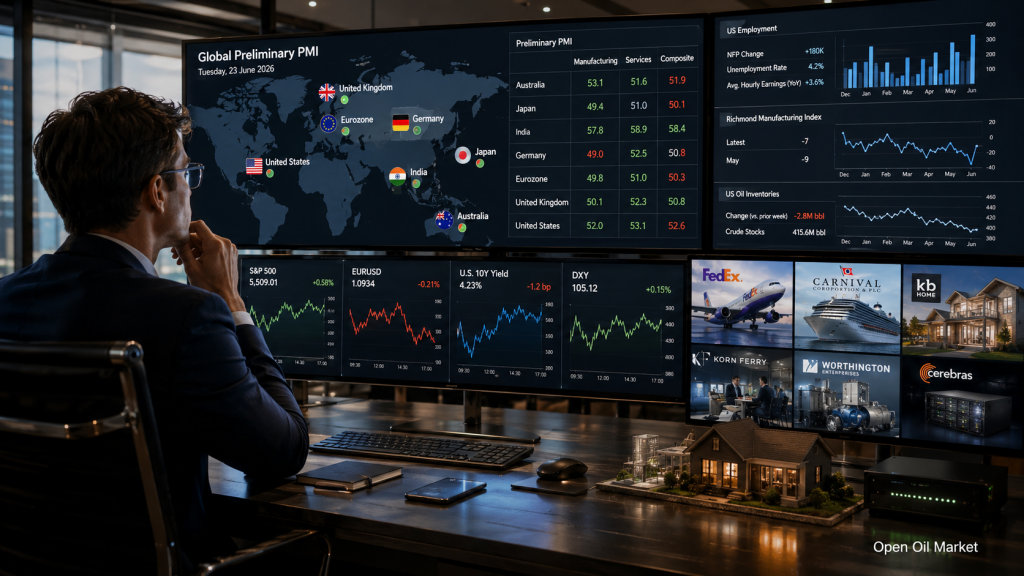 Eventos económicos e informes corporativos: martes 23 de junio de 2026 — PMI globales, mercado laboral de EE. UU., FedEx, Carnival y KB Home.