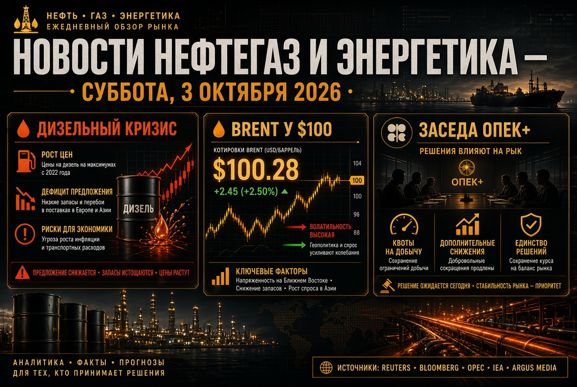 Noticias de petróleo y energía — sábado, 3 de octubre de 2026: crisis del diesel, Brent a $100 y reunión de OPEP+
