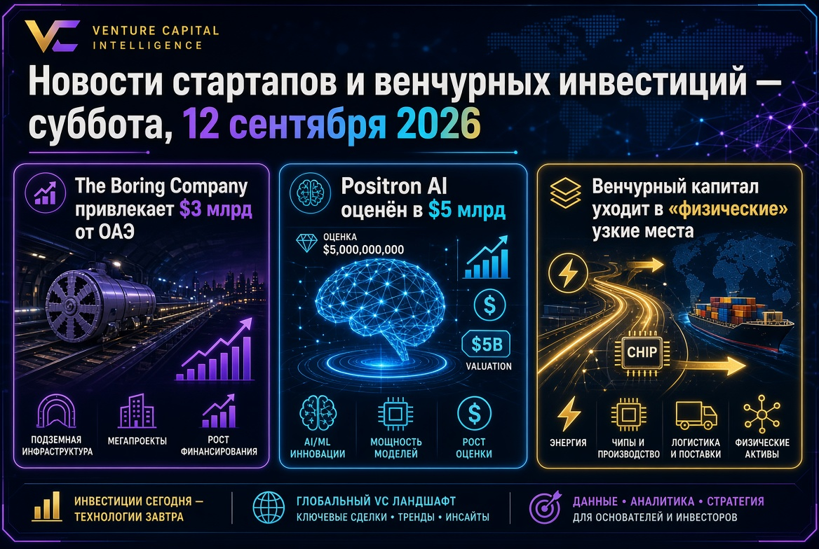 Noticias de startups y capital de riesgo — sábado, 12 de septiembre de 2026: The Boring Company recauda $3 mil millones de los EAU, Positron AI valorada en $5 mil millones, y el capital de riesgo fluye hacia 'cuellos de botella físicos'