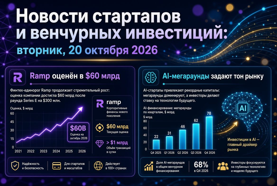 Noticias sobre startups e inversiones de capital riesgo: martes, 20 de octubre de 2026 — Ramp valorada en $60 mil millones, megarrondas de IA marcan el tono del mercado