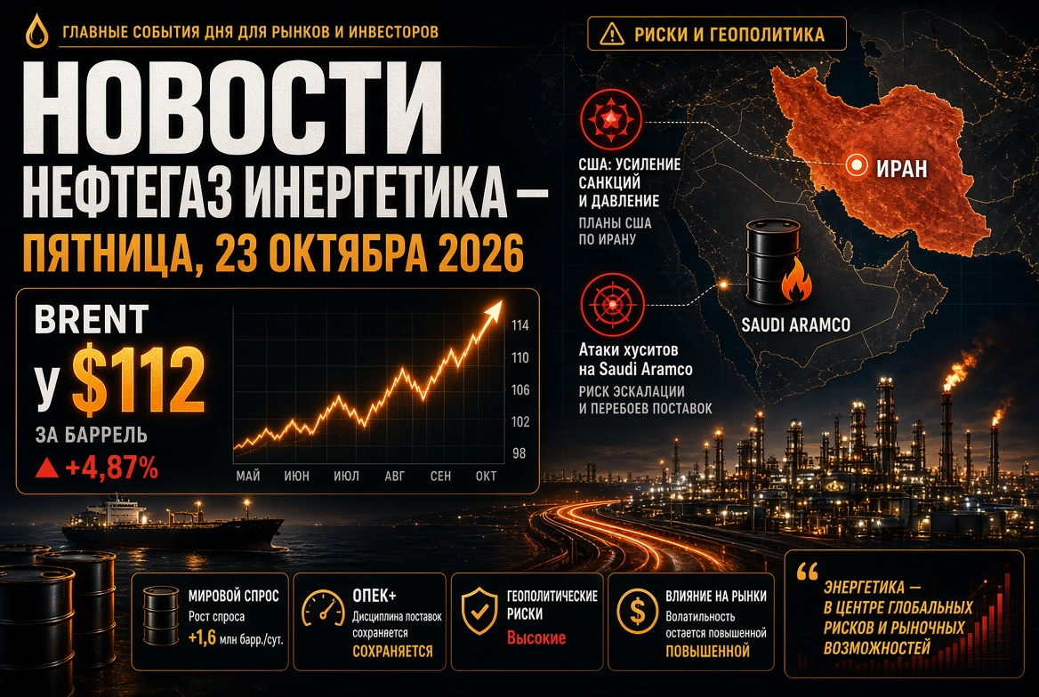 Noticias de petróleo y energía — viernes, 23 de octubre de 2026: Brent a $112 en medio de los planes de EE.UU. sobre Irán y los ataques hutíes a Saudi Aramco.