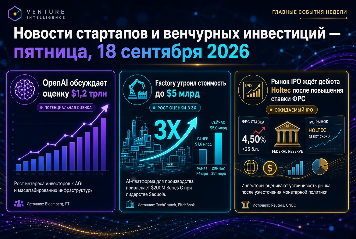 Noticias de startups e inversiones de capital de riesgo — viernes, 18 de septiembre de 2026: OpenAI discute valoración de $1.2 billones, Factory triplica su valor a $5 billones, mercado de IPO espera debut de Holtec tras aumento de tasas de la Reserva Fed