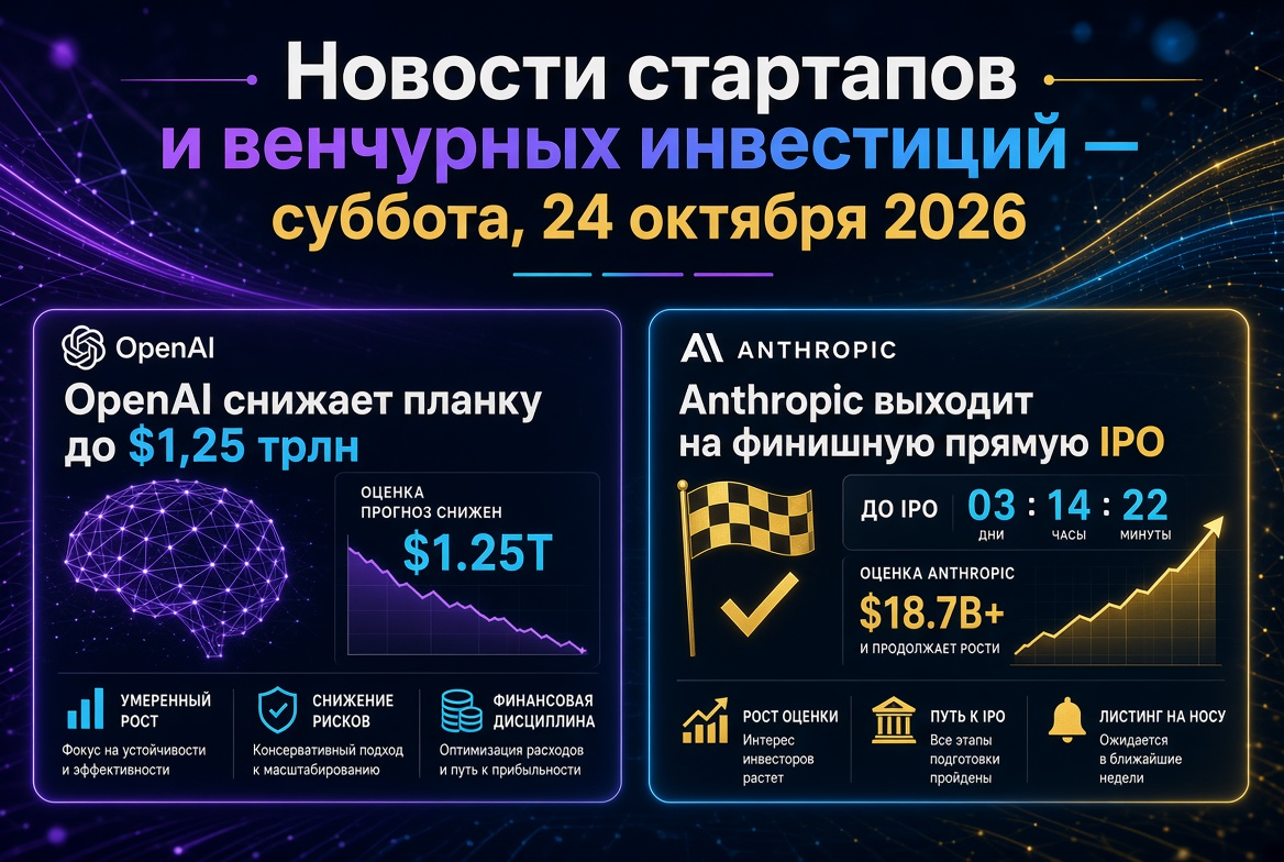 Noticias de startups e inversiones de capital de riesgo — sábado, 24 de octubre de 2026: OpenAI reduce la valoración a $1,25 billones, mientras que Anthropic se acerca a su IPO.