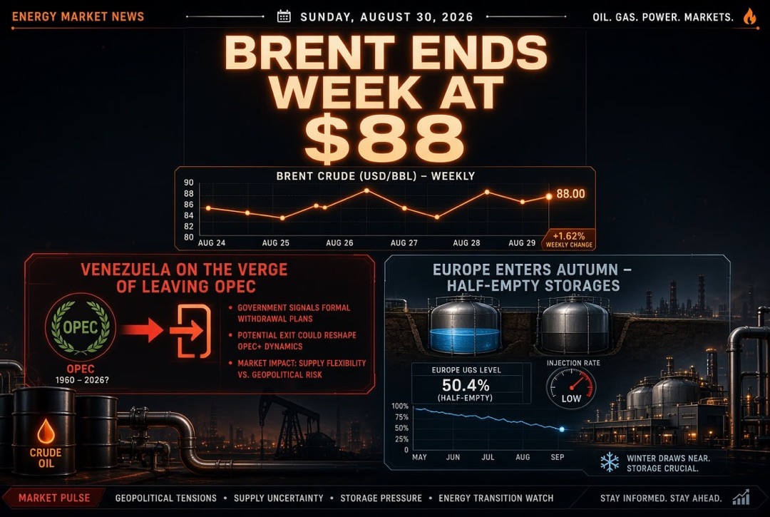 Noticias petróleo y gas y energía — domingo, 30 de agosto de 2026: Venezuela al borde de salir de la OPEP, Brent cierra la semana en $88, Europa entra en otoño con PSG medio vacíos