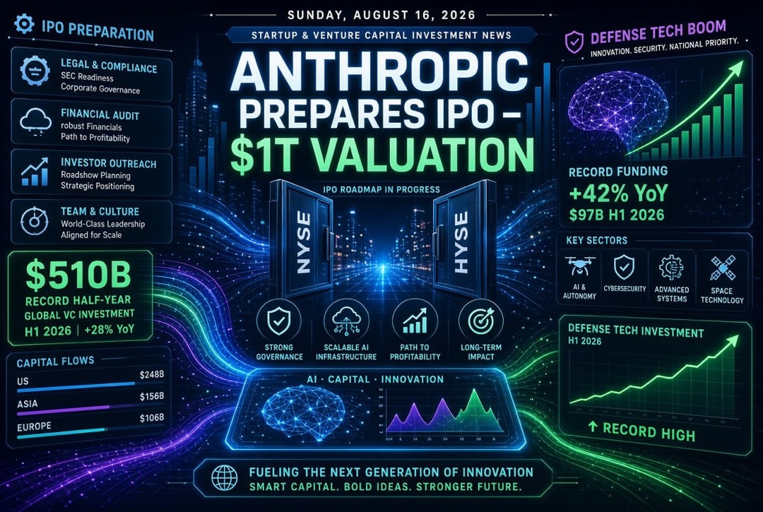 Noticias de startups y capital de riesgo — domingo, 16 de agosto de 2026: Anthropic prepara IPO por $1 billón, récord de $510 mil millones en el semestre y auge de tecnologías de defensa