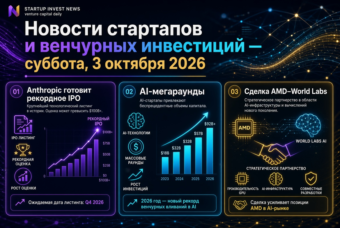 Noticias de startups e inversiones de capital de riesgo — sábado, 3 de octubre de 2026: Anthropic prepara una OPI récord, megacompras en AI y el acuerdo AMD–World Labs