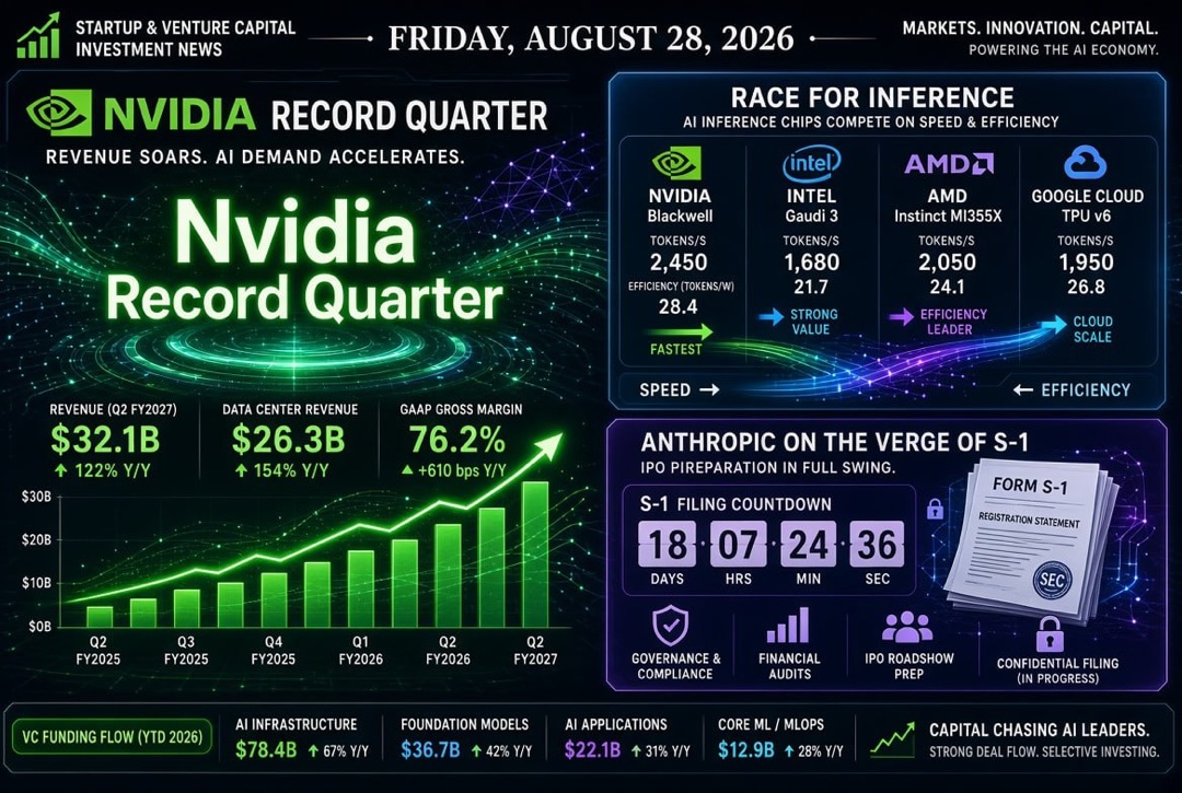 Noticias de startups y capital riesgo — viernes, 28 de agosto de 2026: trimestre récord de Nvidia, carrera por la inferencia y Anthropic al borde de la pública S-1.