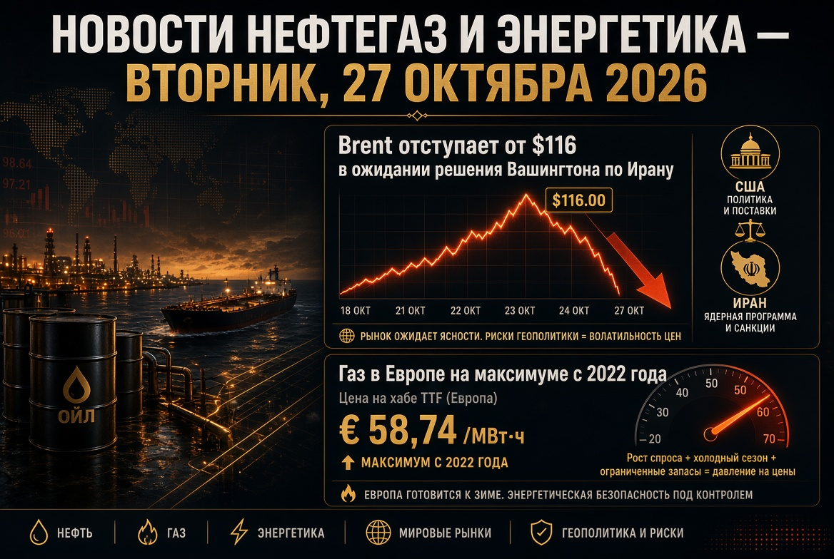 Noticias petróleo y energía — martes, 27 de octubre de 2026: Brent retrocede de $116 a la espera de la decisión de Washington sobre Irán, gas en Europa en máximos desde 2022.
