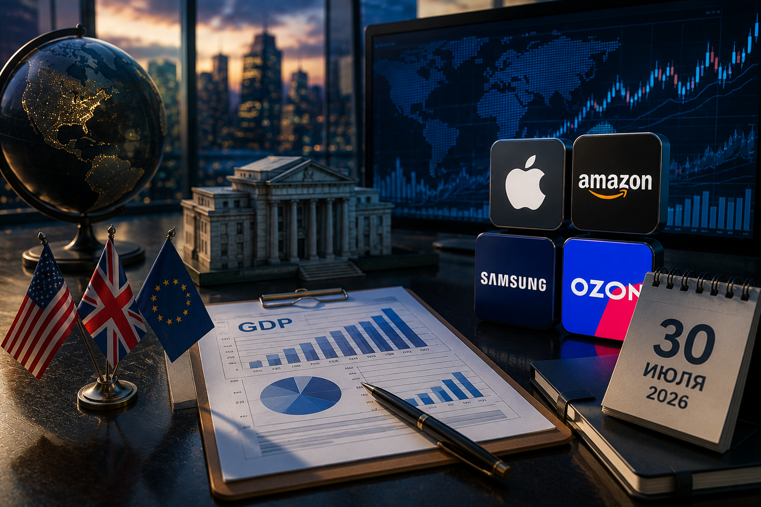 Eventos económicos e informes corporativos: jueves, 30 de julio de 2026 - PIB de EE. UU., decisión del Banco de Inglaterra, informes de Apple, Amazon, Samsung y Ozon.