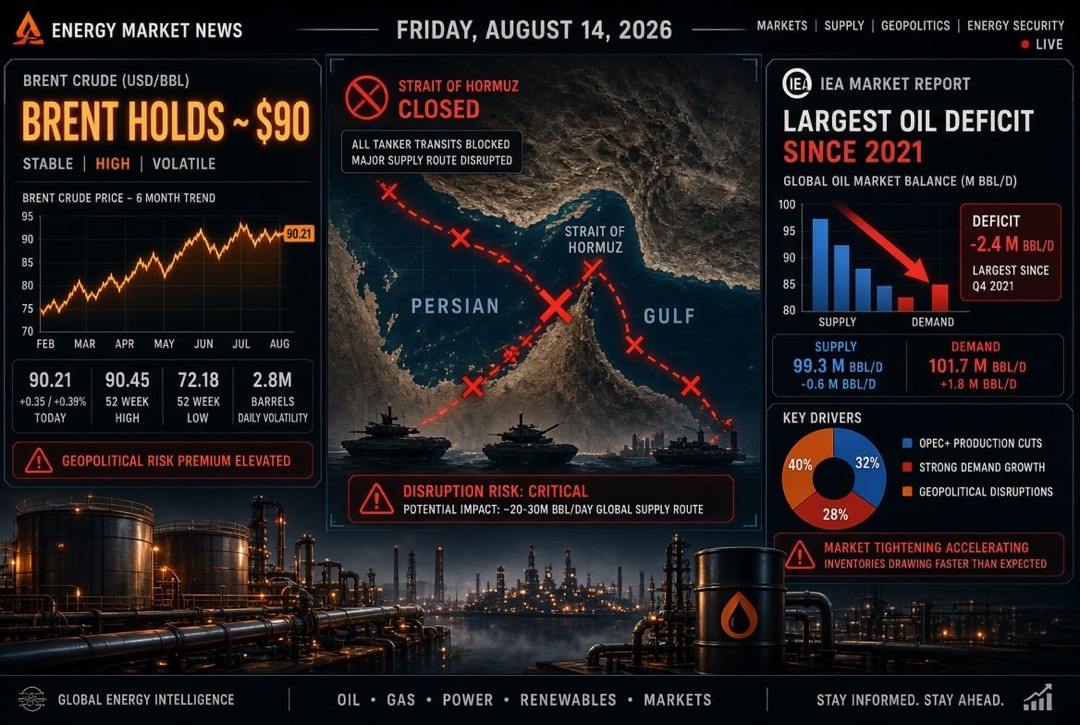 Noticias de petróleo y energía — viernes 14 de agosto de 2026: Brent se mantiene en $90 en medio del cierre del estrecho de Ormuz; AIE reporta el mayor déficit de petróleo desde 2021.