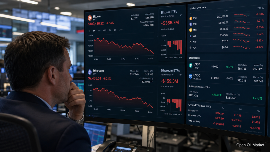Mercado de criptomonedas 8 de junio de 2026: Bitcoin bajo presión, Ethereum a la baja, stablecoins fortalecen su posición