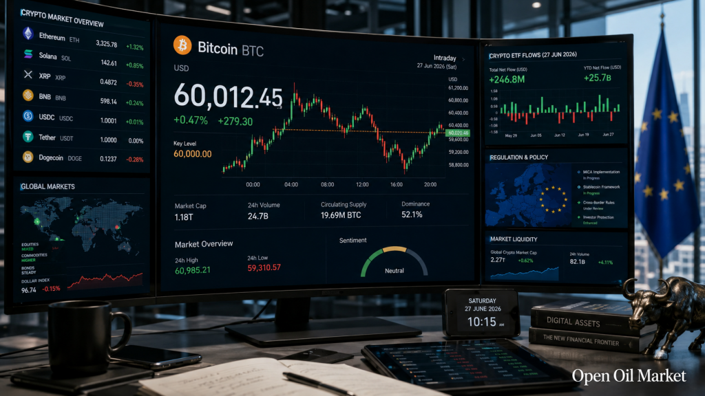 Mercado global de criptomonedas 27 de junio de 2026: Bitcoin, Ethereum, flujos de ETF, stablecoins y regulación MiCA