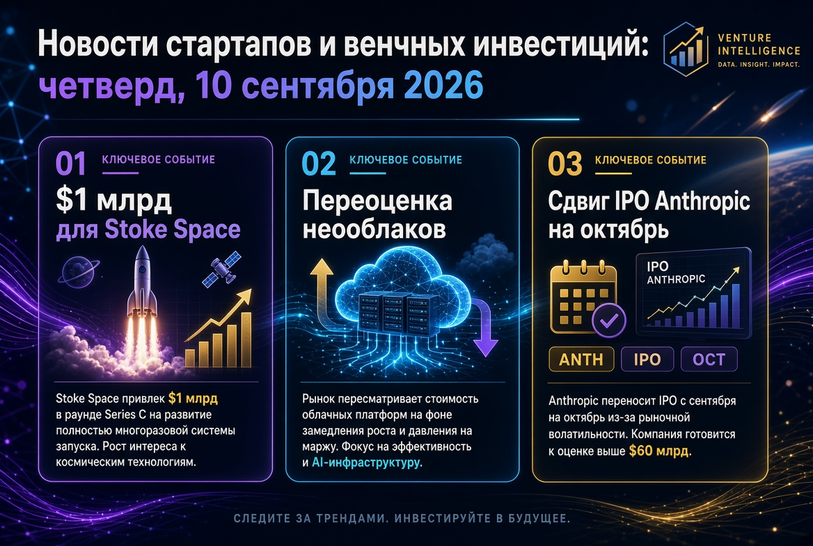 Noticias de startups y capital de riesgo: jueves, 10 de septiembre de 2026 — $1 mil millones para Stoke Space, revaluación de los neo-nubes y desplazamiento de la OPI de Anthropic a octubre