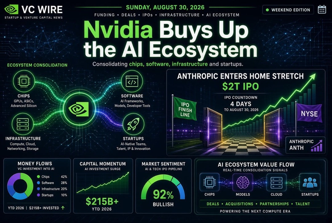 Noticias sobre startups e inversiones de capital de riesgo - domingo, 30 de agosto de 2026: Nvidia adquiere un ecosistema de IA, Anthropic en la recta final antes de su OPV de $2 billones.