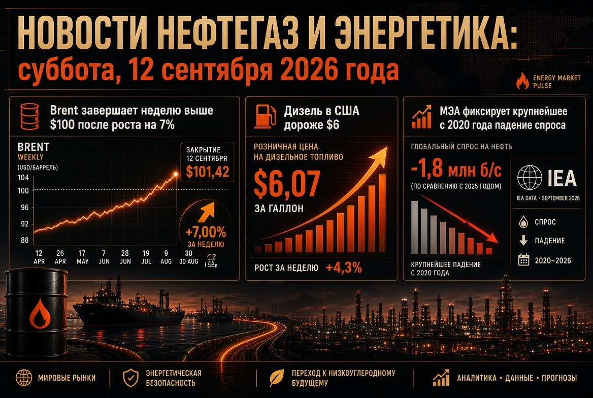 Noticias petróleo y energía: sábado, 12 de septiembre de 2026 — Brent cierra la semana por encima de $100 tras un aumento del 7%, diésel en EE. UU. más caro que $6, AIE registra la mayor caída de la demanda desde 2020