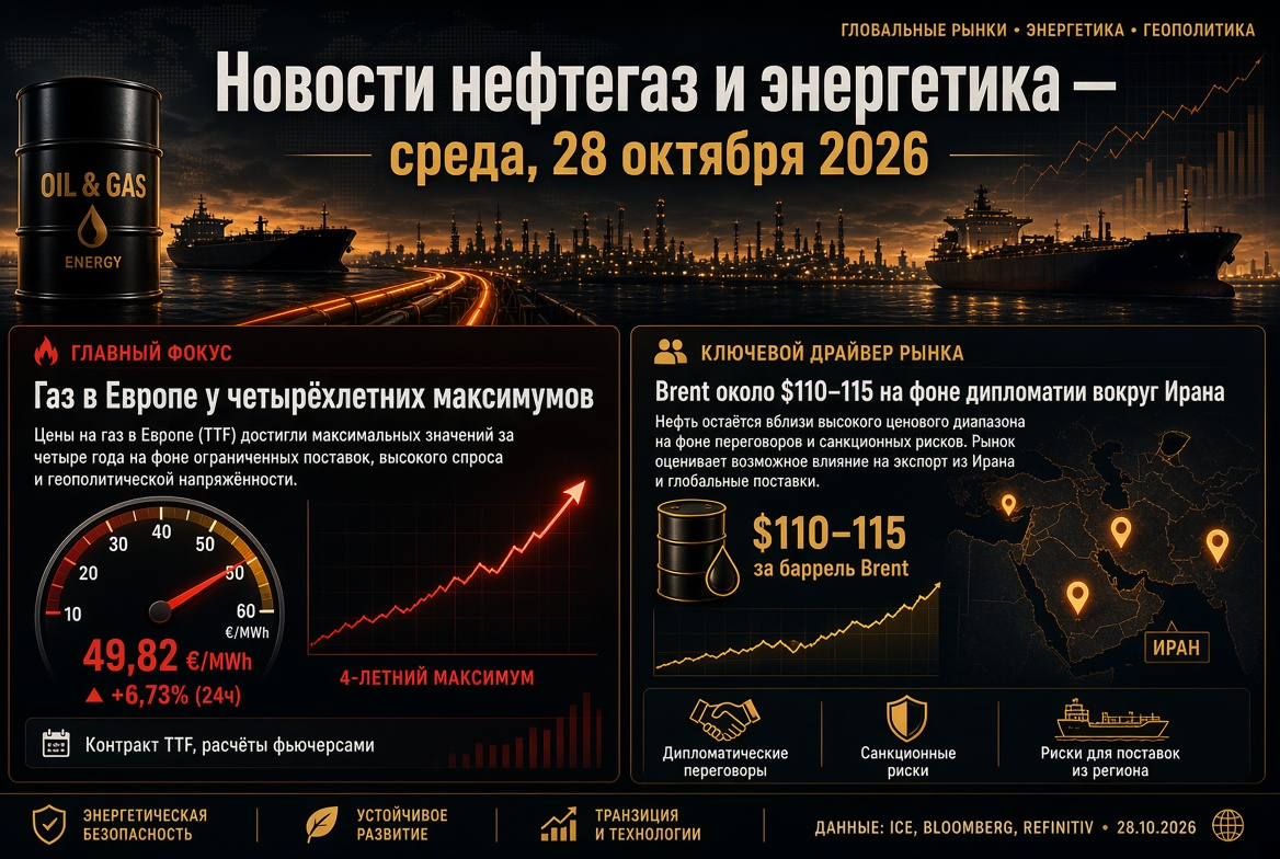 Noticias petróleo y energía — miércoles, 28 de octubre de 2026: gas en Europa en máximos de cuatro años, Brent alrededor de $110–115 en medio de la diplomacia con Irán