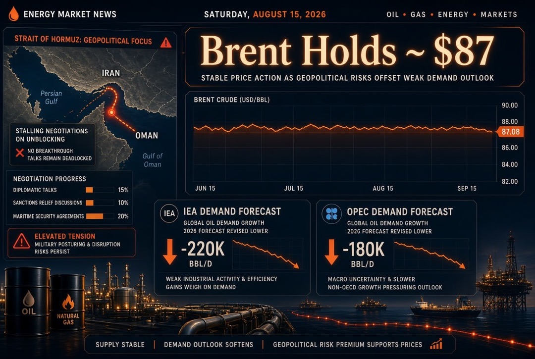Noticias petróleo y energía — sábado 15 de agosto de 2026: Brent se mantiene en $87 en medio de negociaciones estancadas sobre el desbloqueo del Estrecho de Ormuz; la AIE y OPEP reducen pronósticos de demanda.