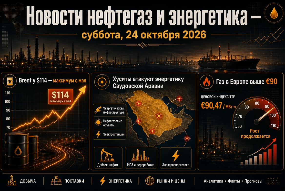 Noticias petróleo y gas y energía — sábado, 24 de octubre de 2026: Brent a $114 — máximo desde mayo, hutíes atacan la energía de Arabia Saudita, gas en Europa por encima de €90