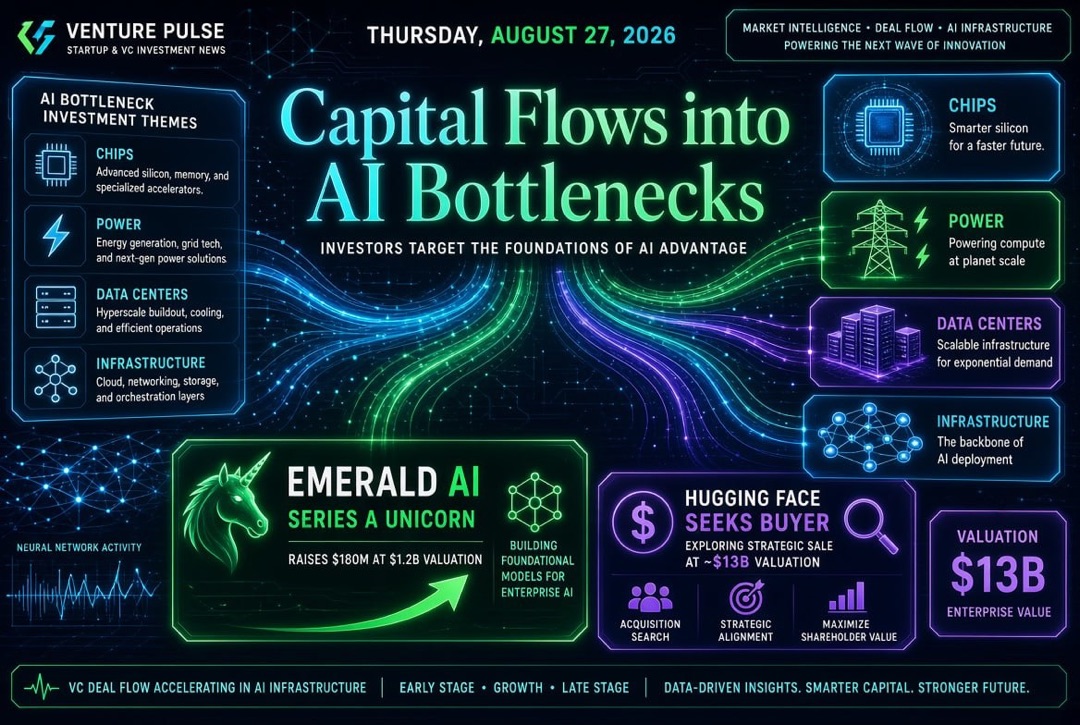 Noticias de startups e inversiones de riesgo — jueves, 27 de agosto de 2026: el capital se dirige a los "puntos críticos" de la IA, Emerald AI se convirtió en unicornio en Series A y Hugging Face busca comprador por $13 mil millones.