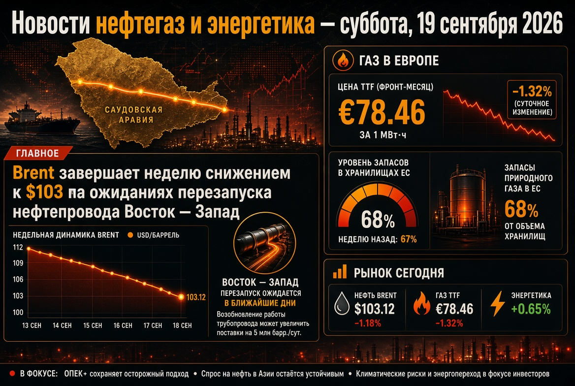Novedades de petróleo y energía - Sábado, 19 de septiembre de 2026: el Brent cierra la semana a $103 ante expectativas de reinicio del oleoducto Este-Oeste, el gas en Europa alrededor de €78 con reservas del 68%.
