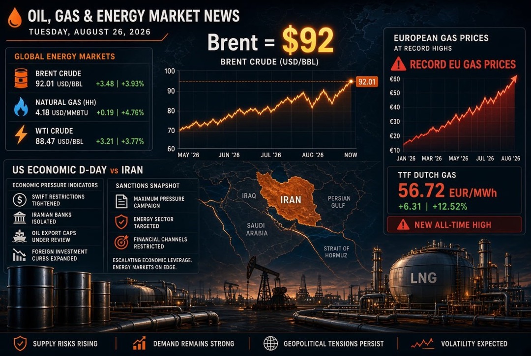 Noticias de petróleo, gas y energía — martes, 26 de agosto de 2026: "Día D económico" de EE. UU. contra Irán, Brent a $92 y precios récord de gas en Europa