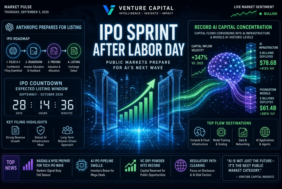 Novedades de startups y capital de riesgo — jueves 3 de septiembre de 2026: Sprint de IPO después del Día del Trabajo, preparación de Anthropic para su cotización y concentración récord de capital en IA