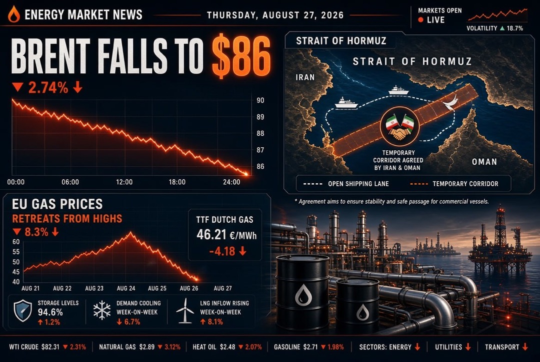 Noticias de petróleo y gas y energía — jueves, 27 de agosto de 2026: Irán y Omán acordaron un corredor temporal en el Estrecho de Ormuz, Brent cayó a $86, gas en Europa retrocede desde los máximos