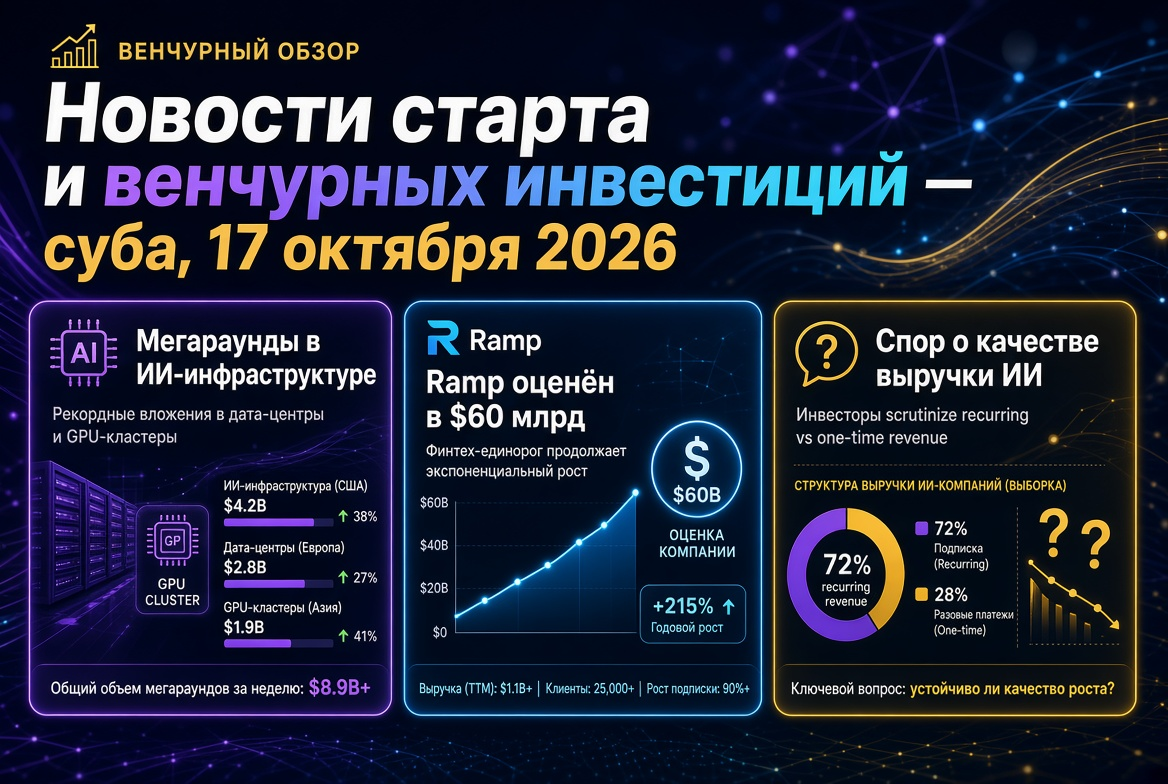 Noticias de startups y capital de riesgo — sábado, 17 de octubre de 2026: megarrondas en infraestructura IA, Ramp valorado en $60 mil millones y controversia sobre la calidad de ingresos en IA