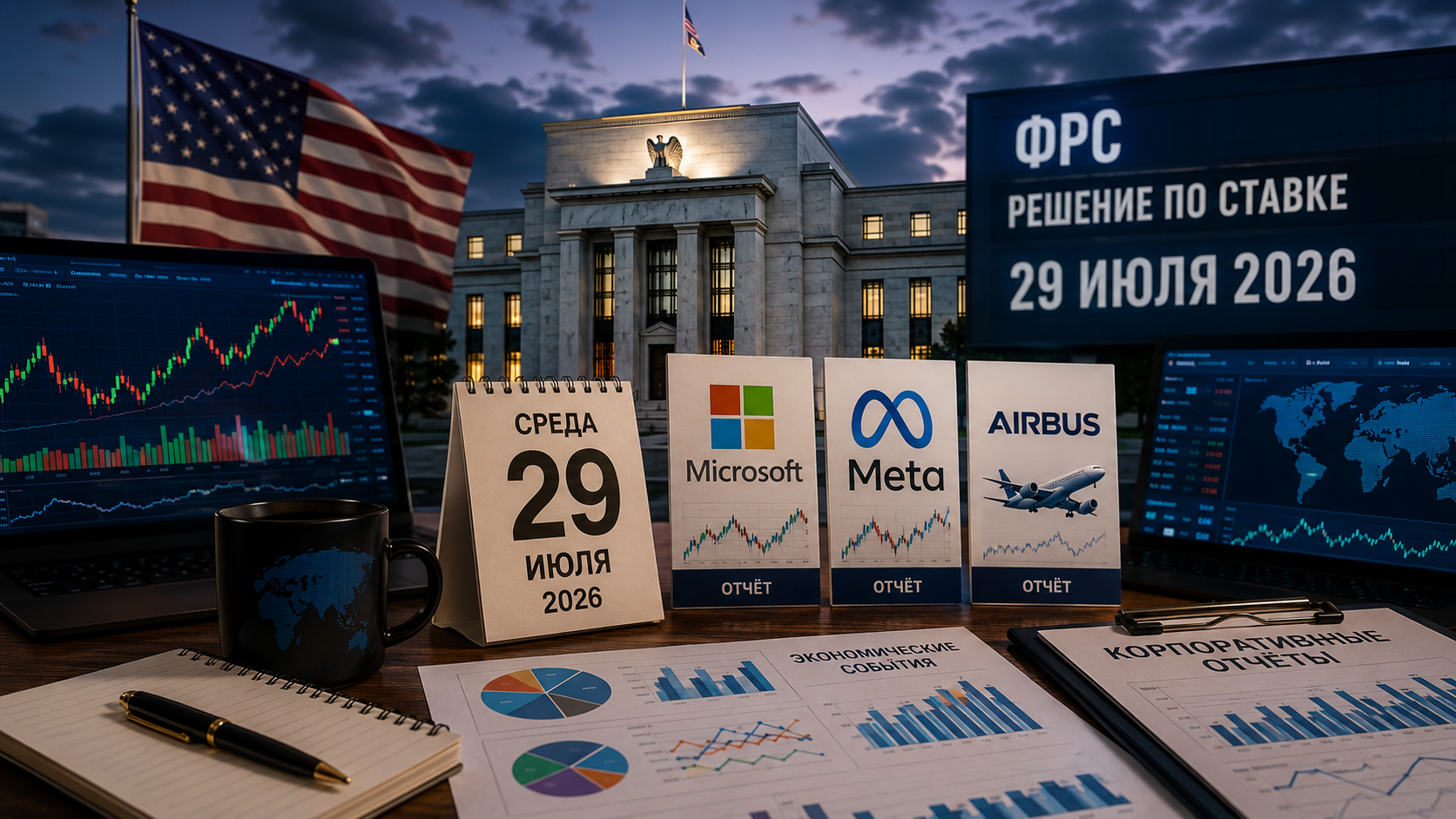 Eventos económicos e informes corporativos: miércoles, 29 de julio de 2026 — decisión de la Reserva Federal sobre la tasa, informes de Microsoft, Meta y Airbus.