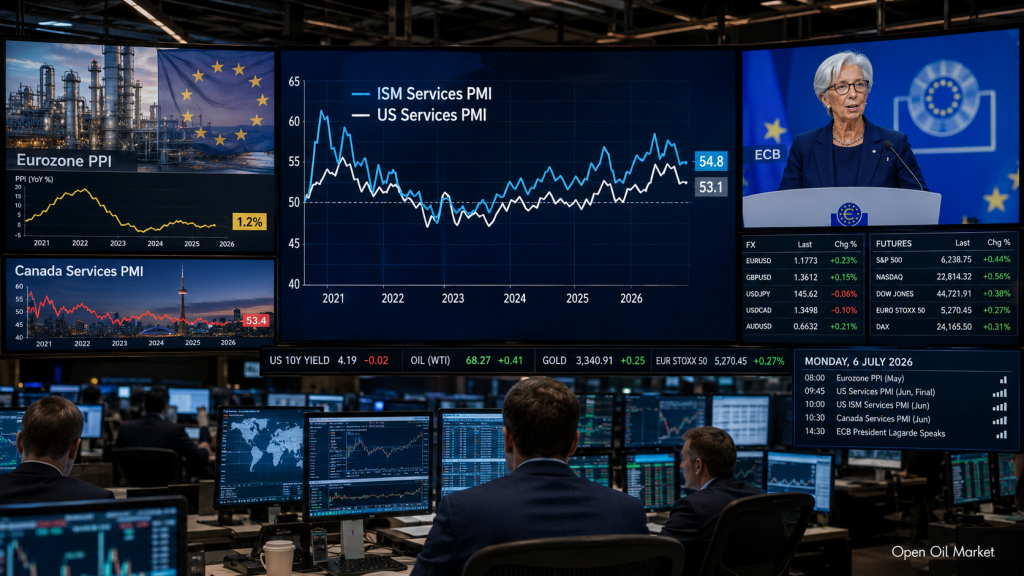 Calendario económico para el 6 de julio de 2026: ISM Services PMI EE.UU., PPI de la eurozona, PMI de Canadá, intervención de la presidenta del BCE Christine Lagarde y reacción de los inversores.
