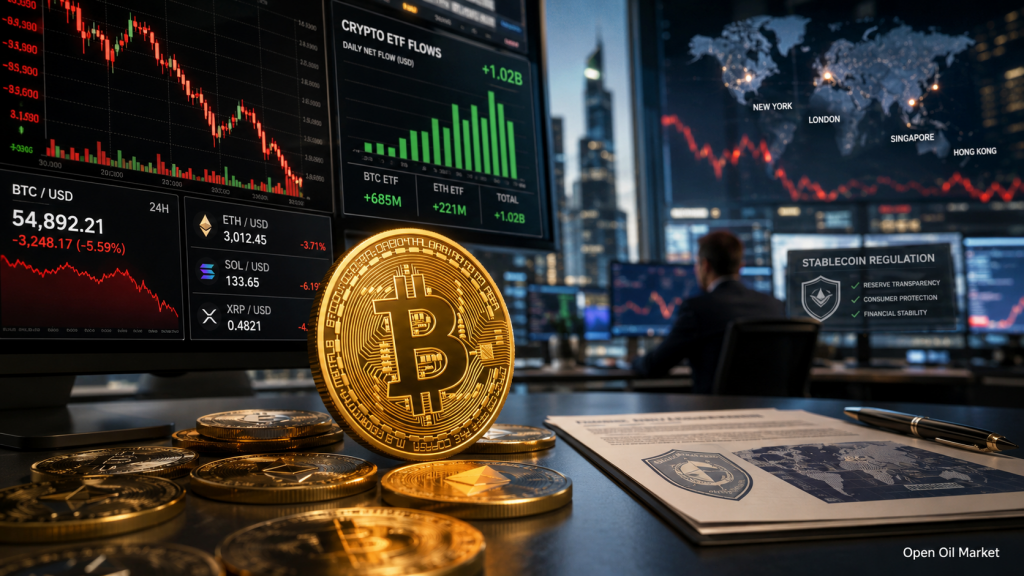 Mercado de criptomonedas 9 de julio de 2026: Bitcoin bajo presión, entradas en ETF, Ethereum, Solana, XRP y regulación de stablecoins