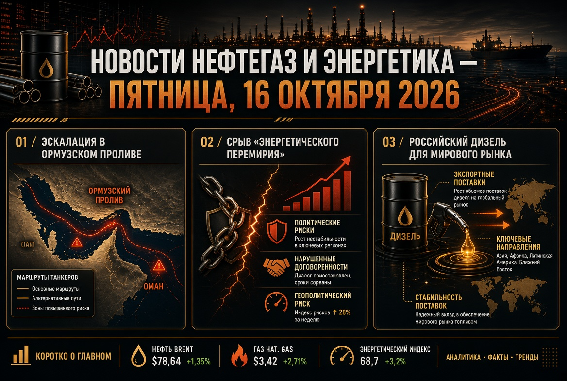 Noticias de petróleo y gas y energía — viernes, 16 de octubre de 2026: escalación en el estrecho de Ormuz, colapso del "alto el fuego energético" y diésel ruso para el mercado mundial