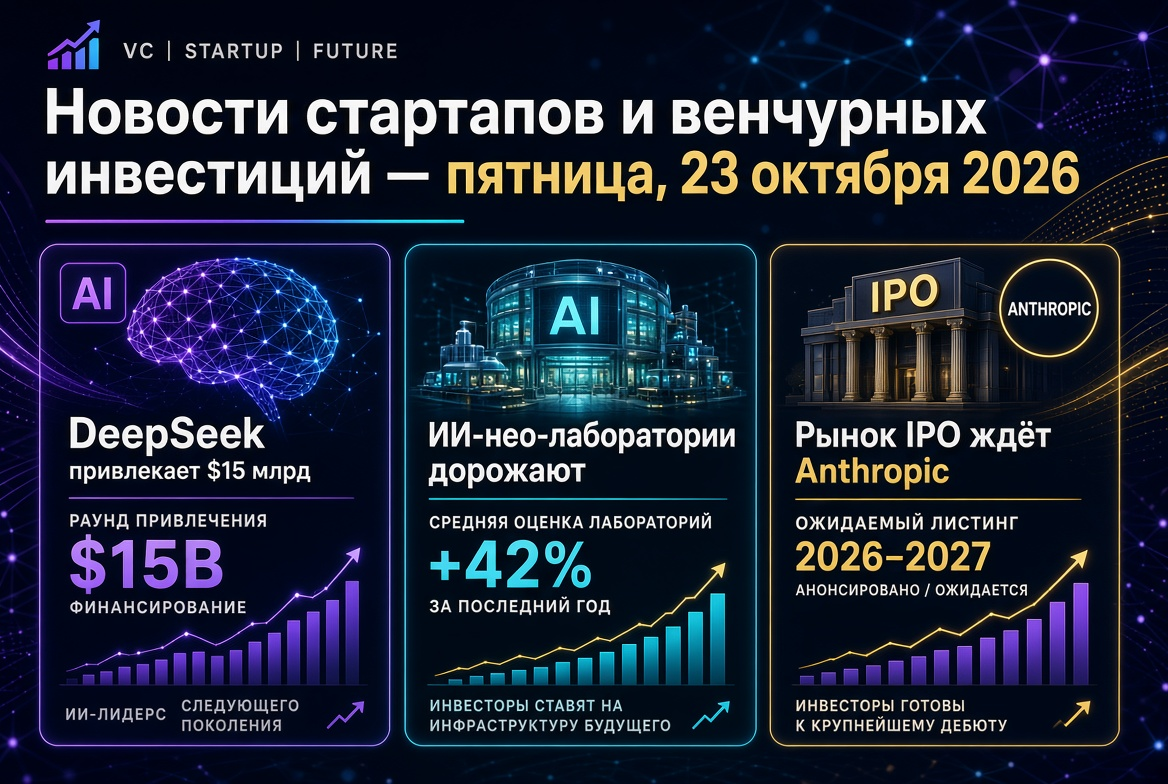 Noticias de startups e inversiones de capital de riesgo - viernes, 23 de octubre de 2026: DeepSeek recauda $15 mil millones, los laboratorios de IA-neo aumentan de valor, y el mercado de OPI espera a Anthropic.