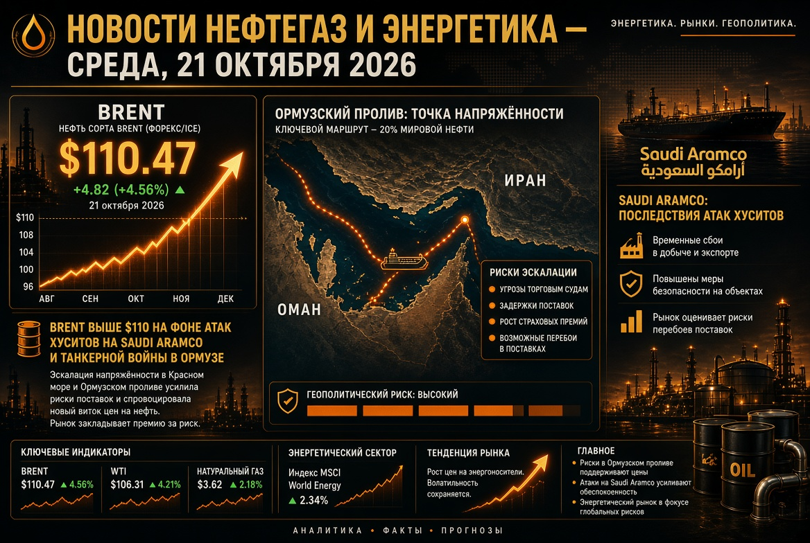 Noticias de petróleo y energía — miércoles, 21 de octubre de 2026: Brent supera los $110 debido a ataques hutíes a Saudi Aramco y la guerra de tanqueros en Ormuz.