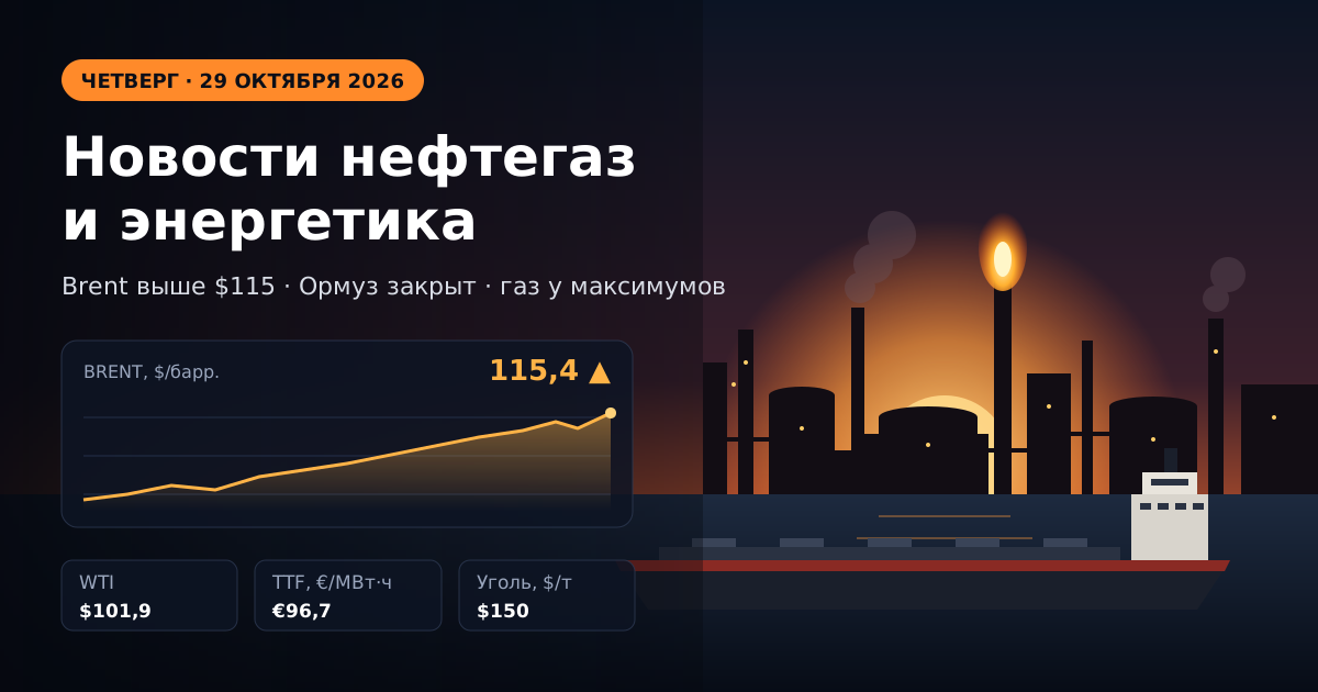 Noticias de petróleo, gas y energía — jueves, 29 de octubre de 2026: Brent por encima de los USD 115 tras el ataque hutí a Ras Tanura, el gas en Europa en máximos desde 2022