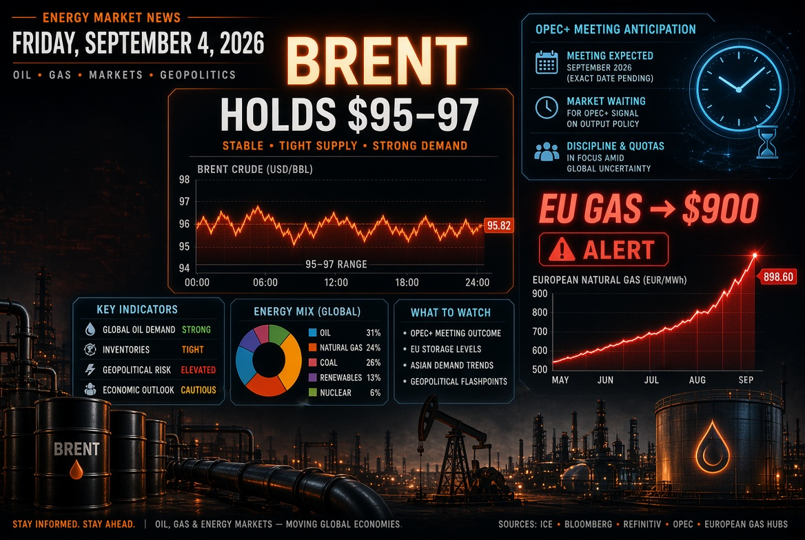 Noticias de petróleo y gas — viernes, 4 de septiembre de 2026: Brent se mantiene en $95-97 a la espera de la reunión de OPEP+, gas en Europa está por los $900