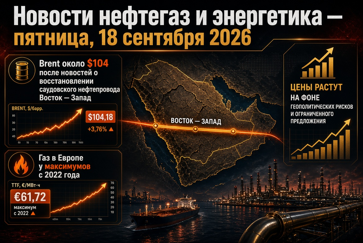 Noticias petróleo y gas y energía — viernes, 18 de septiembre de 2026: Brent alrededor de $104 tras la noticia de la restauración del oleoducto saudí Este-Oeste, gas en Europa en máximos desde 2022
