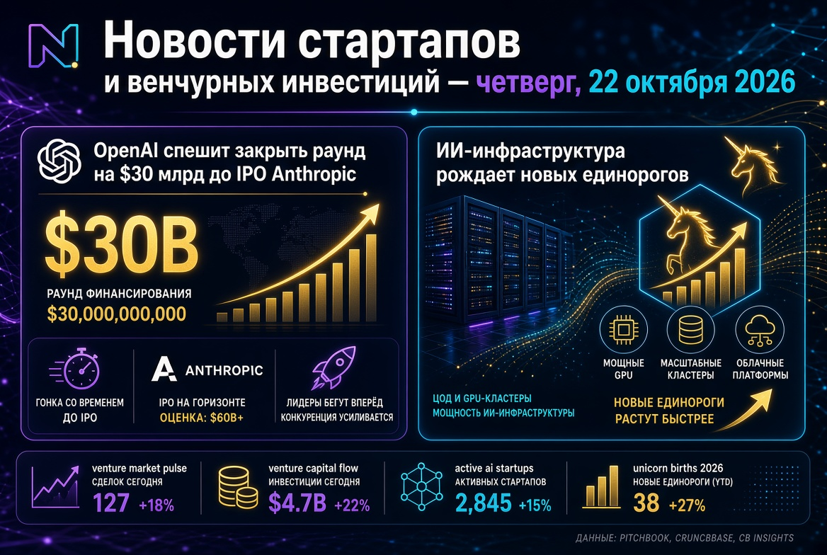 Noticias de startups y inversiones de capital de riesgo — jueves, 22 de octubre de 2026: OpenAI se apresura a cerrar ronda de $30 mil millones antes de OPI de Anthropic, mientras la infraestructura de IA da lugar a nuevos unicornios