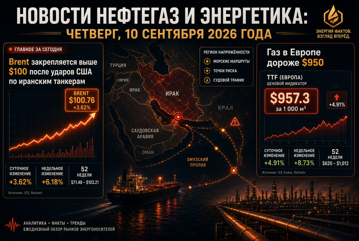 Noticias petróleo y energía: jueves, 10 de septiembre de 2026 — Brent se afianza por encima de $100 tras ataques de EE.UU. a tanqueros iraníes, gas en Europa más caro que $950