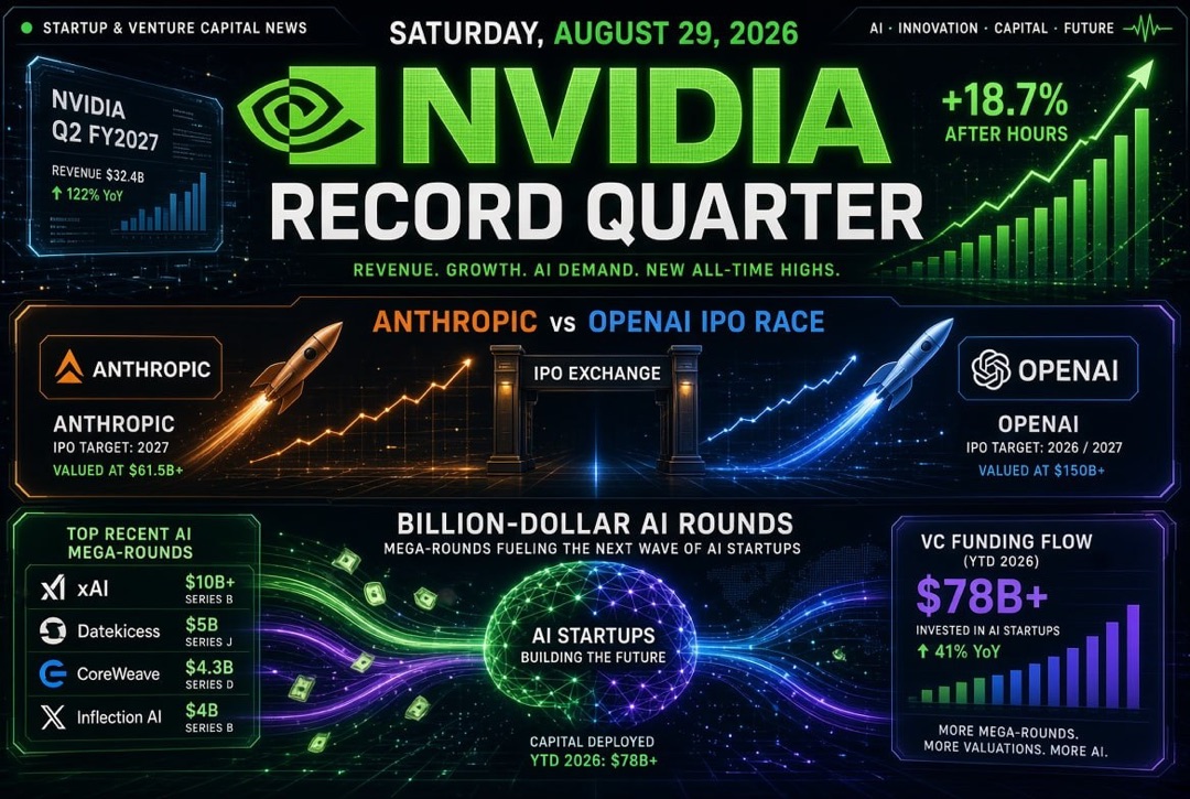 Noticias de startups y inversiones — sábado, 29 de agosto de 2026: trimestre récord de Nvidia, carrera por IPO de Anthropic y OpenAI y rondas de AI de miles de millones