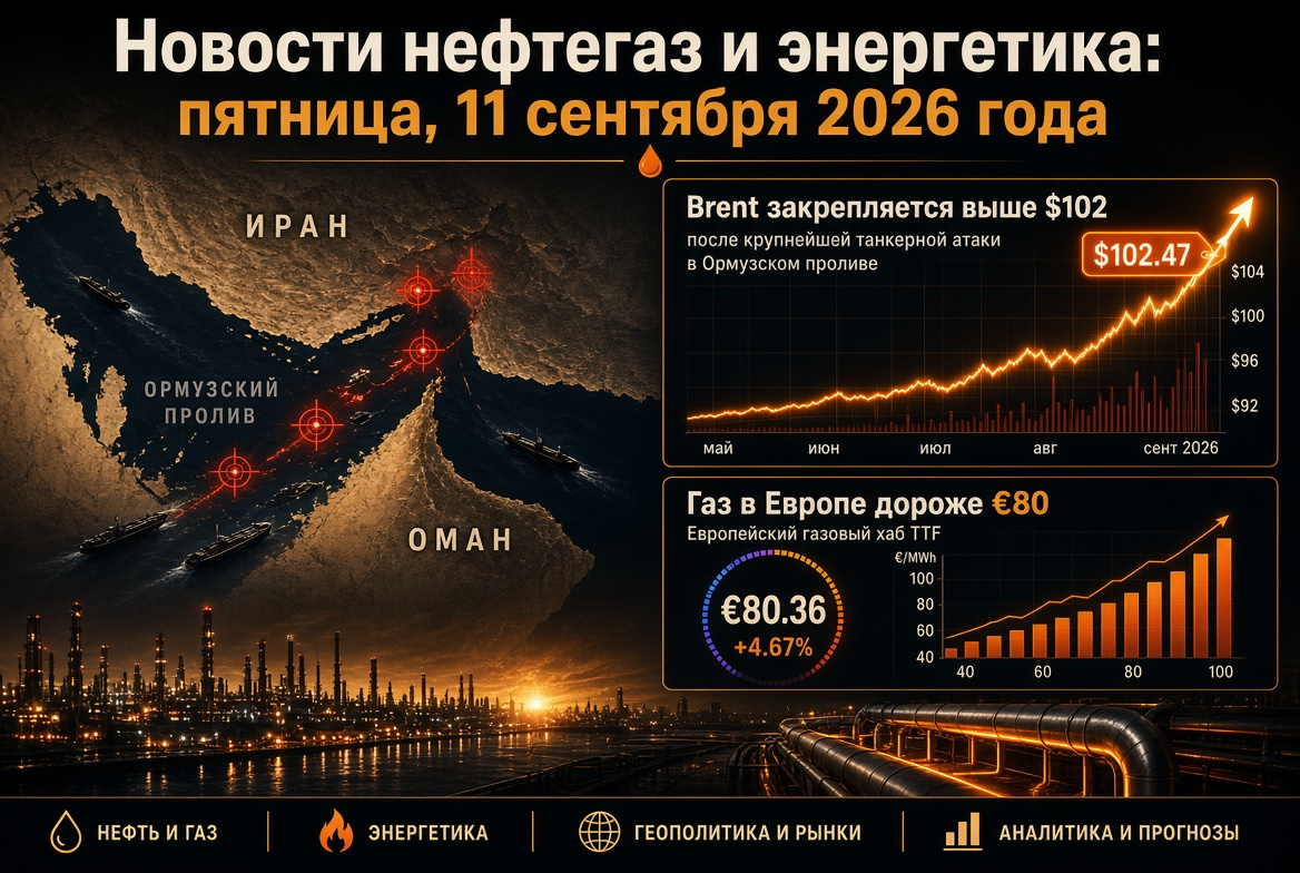 Noticias petróleo y gas y energía: viernes, 11 de septiembre de 2026 — Brent se consolida por encima de $102 tras el mayor ataque a un petrolero en el estrecho de Ormuz, el gas en Europa supera €80
