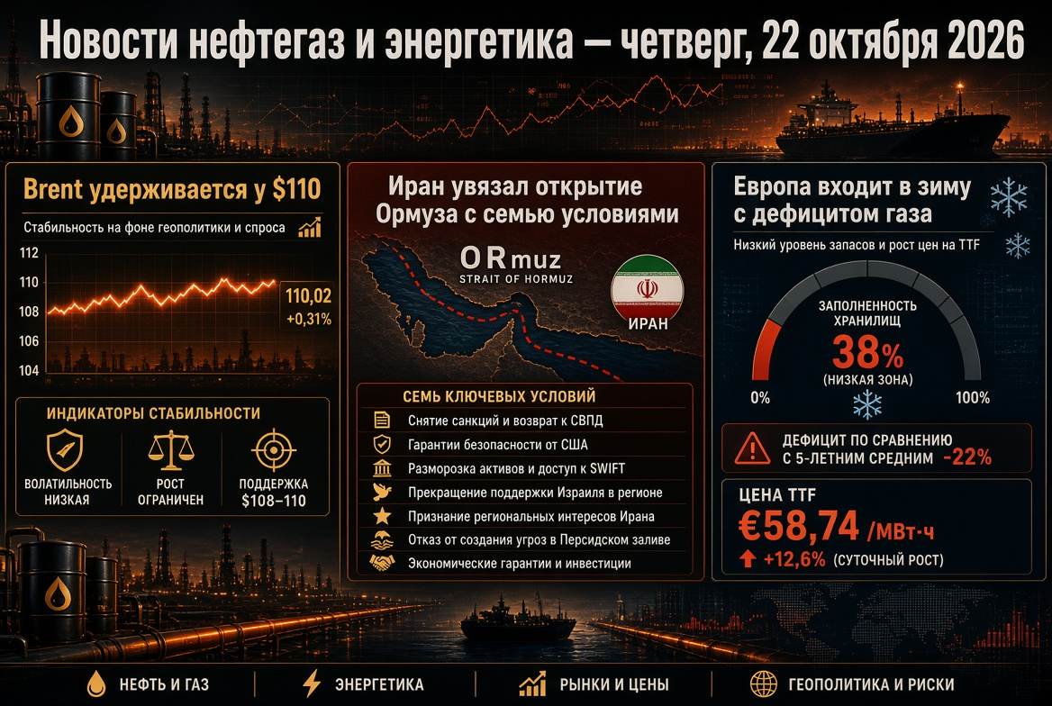Noticias de petróleo y gas y energía — jueves, 22 de octubre de 2026: Brent se mantiene en $110, Irán condiciona la apertura de Ormuz a siete requisitos, Europa enfrenta el invierno con escasez de gas
