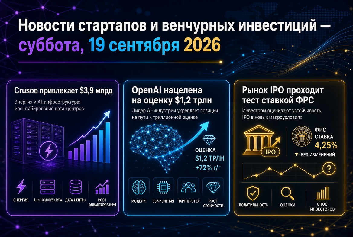 Noticias de startups y capital de riesgo — sábado, 19 de septiembre de 2026: Crusoe recauda $3.9 mil millones, OpenAI apunta a una valoración de $1.2 billones, el mercado de IPO pasa la prueba de la tasa de la Reserva Federal.